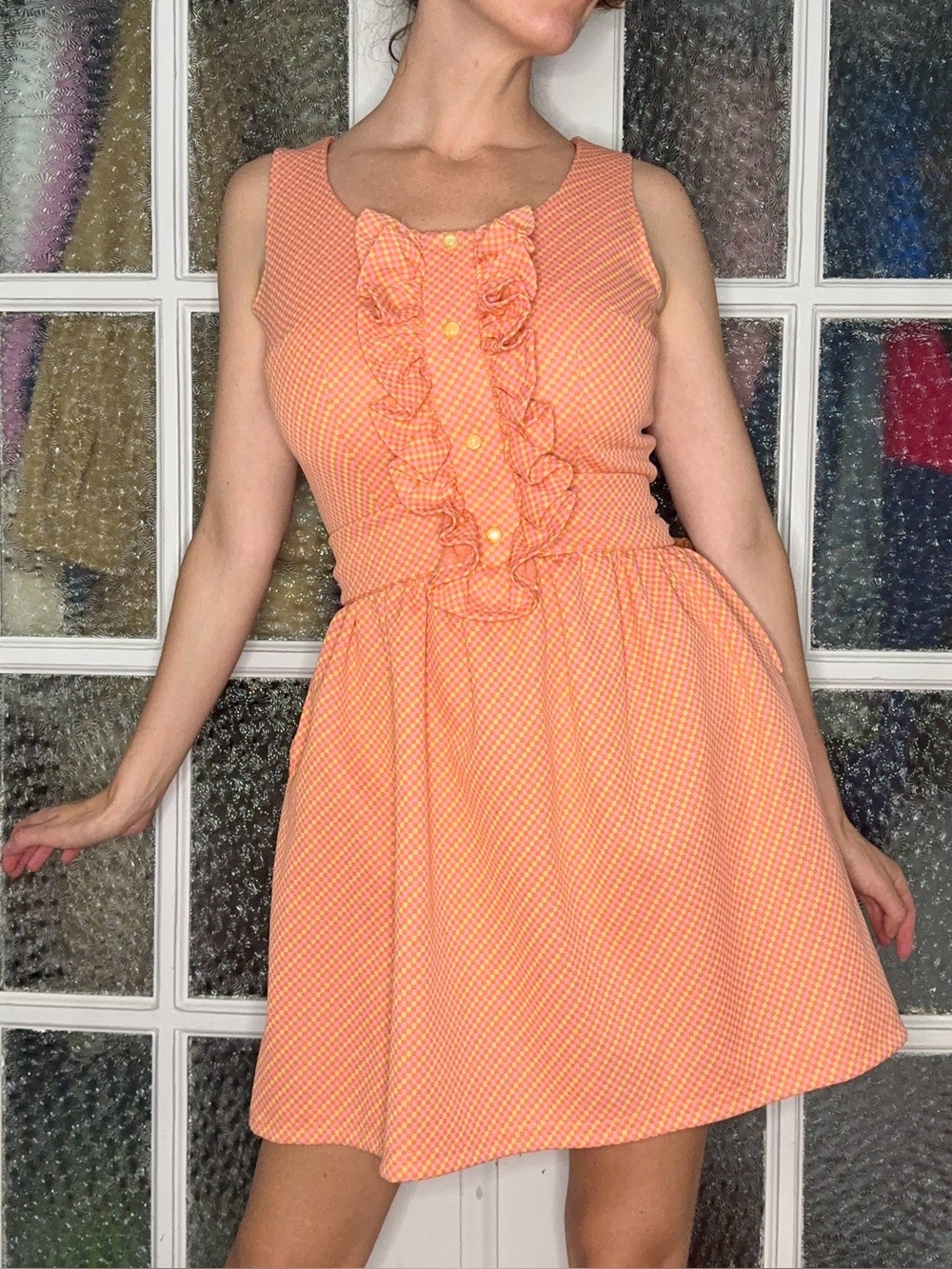 Vintage Women’s Sleeveless Ruffle Front Dress in Coral Peach plaid